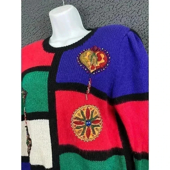 VTG Christine Hand Beaded Sweater SMALL Colorful Solid Back Knitted Crewneck - Picture 10 of 11
